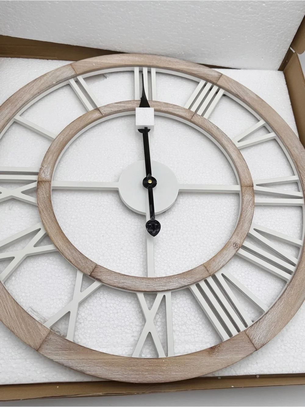 24”Large Rustic Wooden Wall Clock Silent Non-Ticking Farmhouse Decor Light Ivory